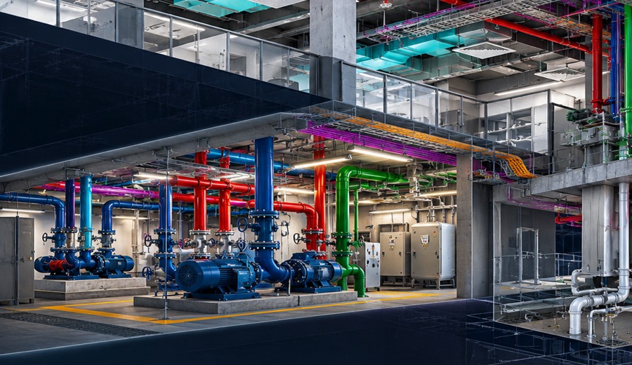 Detailed plant room equipment and piping crop