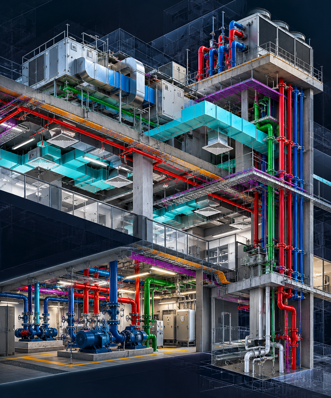 Premium 3D BIM MEP coordination visualization with ducts, piping and equipment